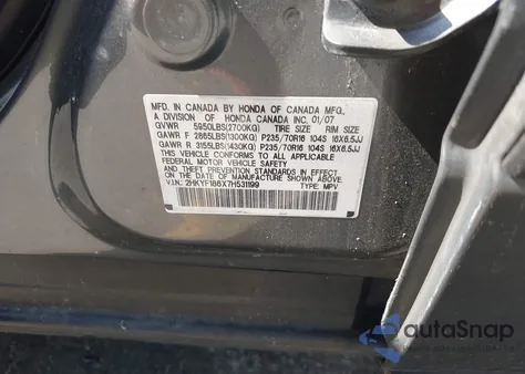 2007 Honda Pilot Ex-L z USA, uszkodzony, nr VIN 2HKYF186X7H531199